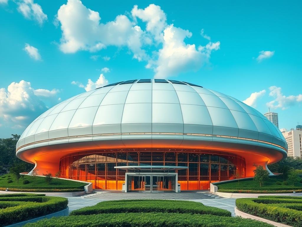 A stunning, futuristic stadium design showcasing a fully enclosed, climate-controlled dome. In the foreground, a sleek entrance with glass doors reflects the innovative architecture. The middle ground features the dome's exterior, made of smooth, translucent materials, with energy-efficient solar panels integrated into the design. The domed structure glows softly with warm, ambient lighting that enhances the modern aesthetic. Surrounding the stadium, lush green landscaping blends seamlessly into the environment, adding a touch of nature. In the background, a clear blue sky with fluffy clouds creates an uplifting atmosphere. The scene is viewed at a slightly elevated angle, emphasizing the dome's grandeur and advanced technology, set against the backdrop of a vibrant, bustling city. The mood is positive and forward-thinking, reflecting a commitment to sustainable design. A stunning, futuristic stadium design showcasing a fully enclosed, climate-controlled dome. In the foreground, a sleek entrance with glass doors reflects the innovative architecture. The middle ground features the dome's exterior, made of smooth, translucent materials, with energy-efficient solar panels integrated into the design. The domed structure glows softly with warm, ambient lighting that enhances the modern aesthetic. Surrounding the stadium, lush green landscaping blends seamlessly into the environment, adding a touch of nature. In the background, a clear blue sky with fluffy clouds creates an uplifting atmosphere. The scene is viewed at a slightly elevated angle, emphasizing the dome's grandeur and advanced technology, set against the backdrop of a vibrant, bustling city. The mood is positive and forward-thinking, reflecting a commitment to sustainable design.
