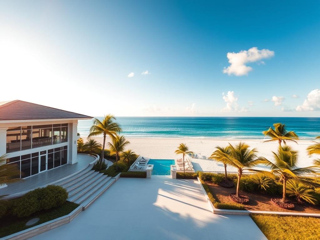 A stunning view of a luxurious mansion located on the pristine beach of Belleair Shores, specifically at 1700 Gulf Blvd. In the foreground, showcase the elegant façade of the mansion, featuring large glass windows reflecting the bright sunlight, surrounded by lush tropical landscaping. In the middle ground, capture a sweeping sandy beach with gentle waves lapping at the shore, framed by sun loungers and palm trees swaying in the breeze. In the background, depict the brilliant blue Gulf of Mexico under a clear sky, with a few fluffy white clouds for added texture. The image should be bathed in warm afternoon light, creating a serene and inviting atmosphere. Use a wide-angle lens to emphasize the grandeur of the location and create a captivating scene that exemplifies coastal luxury.