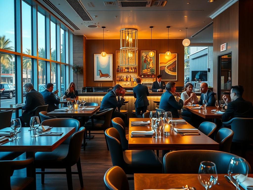 A stylish and modern restaurant interior that embodies the elevated design of Forbici, set in the space previously occupied by Sea Salt at Sundial, St. Petersburg. In the foreground, showcase sleek wooden tables with elegant place settings and soft, ambient lighting. The middle area features a vibrant bar with colorful bottles and contemporary art on the walls, illuminated by warm pendant lighting. In the background, large windows reveal a view of the bustling street outside, with hints of palm trees. The overall atmosphere is inviting and sophisticated, with a refined color palette of deep blues and earthy tones, creating a chic yet relaxed vibe. The scene captures the essence of upscale dining, with patrons in professional business attire enjoying their meals, contributing to a lively yet refined ambiance.