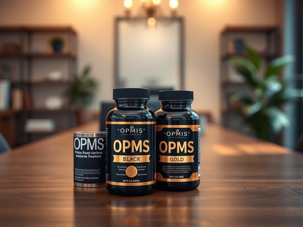 A stylish, professional display of OPMS Black and OPMS Gold kratom products in an elegant setting. In the foreground, two distinct kratom product bottles: OPMS Black with a sleek black design and OPMS Gold showcasing a shimmering gold label, both positioned on a polished wooden surface. The middle layer features soft, natural lighting illuminating the products, casting gentle shadows for depth. In the background, a subtle vignette of an elegant office setting with blurred shelves and greenery, creating an inviting atmosphere. The mood is sophisticated and informative, highlighting the OPMS brand while ensuring clarity and focus on the products without distractions. Ideal photographic composition with a slight top-down angle to enhance visibility.