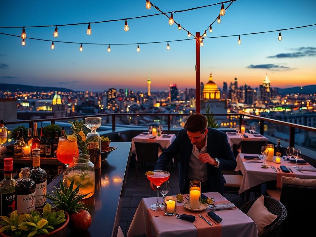 A stylish rooftop setting at dusk, featuring a beautifully arranged cocktail bar with an array of vibrant agave spirits and colorful cocktail concoctions. In the foreground, a bartender in smart casual attire expertly mixes drinks, with fresh herbs and citrus garnishes nearby. The middle ground showcases elegantly set tables with candles and soft textiles, creating an inviting atmosphere. In the background, the skyline of a city glimmers under a deep blue sky, illuminated by soft golden lights from buildings. Warm lighting from string lights overhead enhances the cozy yet sophisticated ambiance. The overall mood is relaxed and celebratory, perfect for enjoying rooftop cocktails while taking in stunning views. A stylish rooftop setting at dusk, featuring a beautifully arranged cocktail bar with an array of vibrant agave spirits and colorful cocktail concoctions. In the foreground, a bartender in smart casual attire expertly mixes drinks, with fresh herbs and citrus garnishes nearby. The middle ground showcases elegantly set tables with candles and soft textiles, creating an inviting atmosphere. In the background, the skyline of a city glimmers under a deep blue sky, illuminated by soft golden lights from buildings. Warm lighting from string lights overhead enhances the cozy yet sophisticated ambiance. The overall mood is relaxed and celebratory, perfect for enjoying rooftop cocktails while taking in stunning views.