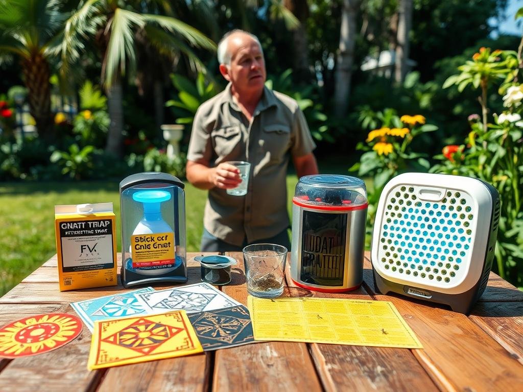 A sunlit outdoor setting in Florida, showcasing a variety of effective gnat traps and tools arranged on a wooden picnic table. In the foreground, vividly colored sticky traps with bold patterns attract gnats, while a small DIY vinegar trap sits beside a high-tech electric gnat trap emitting a soft blue light. In the middle ground, a gardener in casual attire examines the traps, holding a catch cup with a few caught gnats, symbolizing success in pest control. The background features lush greenery typical of Florida, with hints of palm trees and flowering plants, creating a vibrant, lively atmosphere. Soft natural lighting enhances the freshness of the scene, evoking a sense of relief and satisfaction in managing gnat populations effectively. A sunlit outdoor setting in Florida, showcasing a variety of effective gnat traps and tools arranged on a wooden picnic table. In the foreground, vividly colored sticky traps with bold patterns attract gnats, while a small DIY vinegar trap sits beside a high-tech electric gnat trap emitting a soft blue light. In the middle ground, a gardener in casual attire examines the traps, holding a catch cup with a few caught gnats, symbolizing success in pest control. The background features lush greenery typical of Florida, with hints of palm trees and flowering plants, creating a vibrant, lively atmosphere. Soft natural lighting enhances the freshness of the scene, evoking a sense of relief and satisfaction in managing gnat populations effectively.