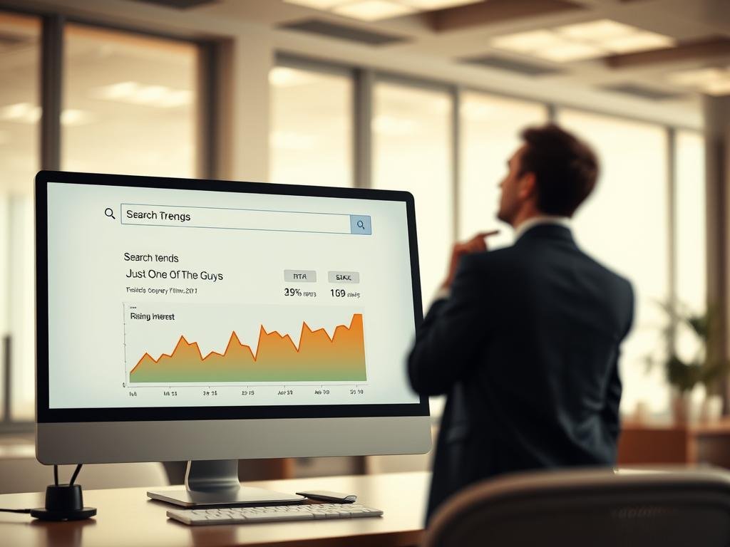 A surreal digital collage illustrating search trends related to a classic film scene. In the foreground, a computer screen displays a search engine with trending query results on the film "Just One of the Guys," stylized graphs depicting rising search interest, and colorful data visualizations. The middle ground features a blurred figure in professional business attire, engaged in a thoughtful pose while interacting with the screen, symbolizing ongoing discussions. The background showcases a modern office environment with soft, warm lighting filtering through large windows, creating a light and inviting atmosphere. The overall composition evokes curiosity and nostalgia, inviting viewers to explore the enduring impact of cinematic moments. A surreal digital collage illustrating search trends related to a classic film scene. In the foreground, a computer screen displays a search engine with trending query results on the film "Just One of the Guys," stylized graphs depicting rising search interest, and colorful data visualizations. The middle ground features a blurred figure in professional business attire, engaged in a thoughtful pose while interacting with the screen, symbolizing ongoing discussions. The background showcases a modern office environment with soft, warm lighting filtering through large windows, creating a light and inviting atmosphere. The overall composition evokes curiosity and nostalgia, inviting viewers to explore the enduring impact of cinematic moments.
