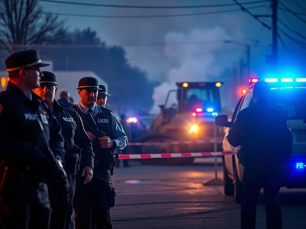 A tense scene depicting a law enforcement response to an emergency situation in a small town. In the foreground, a group of officers in professional business attire, armed but calm, are engaging with a crowd of onlookers, ensuring safety and order. The middle ground features police vehicles with flashing lights, and possibly barricades, indicating the seriousness of the situation. In the background, a heavy-duty bulldozer is partially visible, symbolizing the Granby Bulldozer Incident, with smoke rising, suggesting urgency. The lighting is dynamic, with a mix of natural daylight and the vibrant glow from the police lights, casting dramatic shadows. The atmosphere is tense yet controlled, capturing the essence of emergency decision-making in law enforcement.