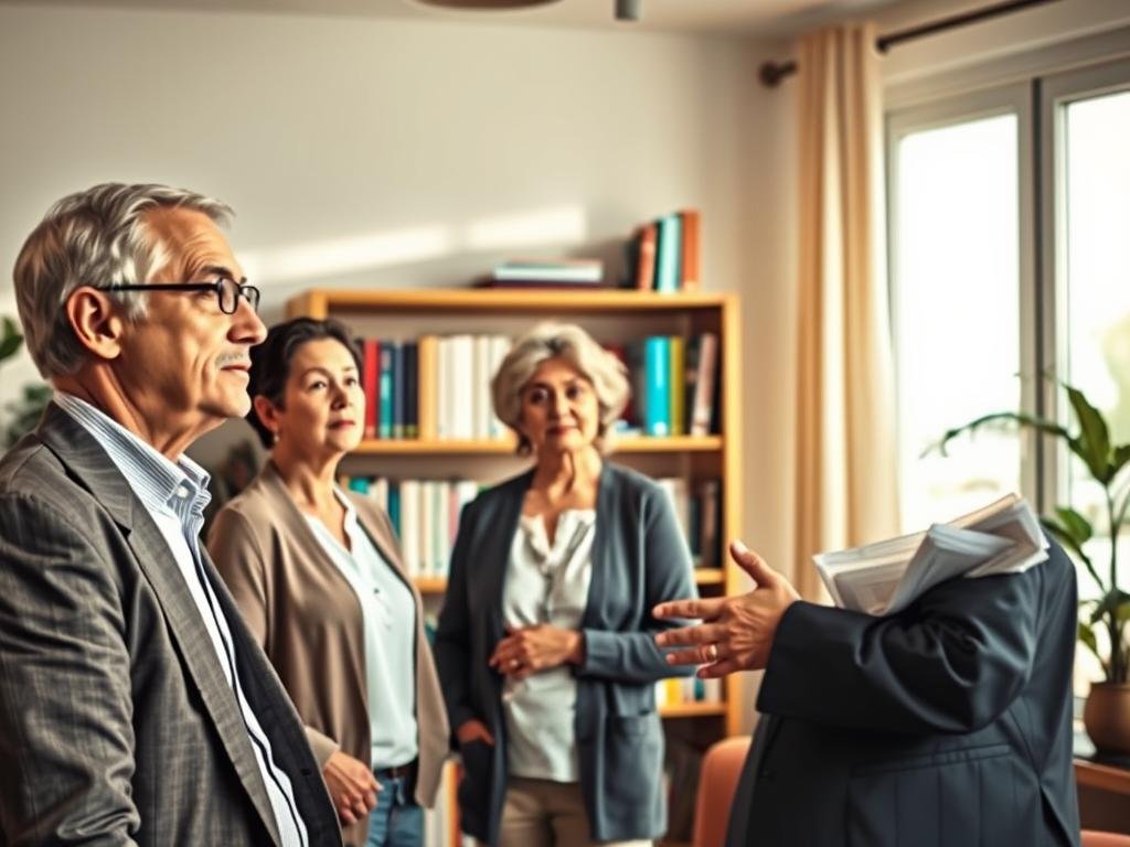 A thoughtful scene illustrating the themes of age and health, featuring a diverse group of three middle-aged individuals engaging in a conversation in a cozy, well-lit office setting. In the foreground, a man in a professional suit looks contemplative, leaning slightly forward, while a woman in a modest blouse and cardigan gestures as if asking a question. The middle ground displays a bookshelf filled with books on health and wellness, symbolizing knowledge. In the background, soft natural light filters through a window, warming the space and creating an inviting atmosphere. The overall mood should be reflective and serious, emphasizing the importance of discussing age and health, without any distractions or text present. A thoughtful scene illustrating the themes of age and health, featuring a diverse group of three middle-aged individuals engaging in a conversation in a cozy, well-lit office setting. In the foreground, a man in a professional suit looks contemplative, leaning slightly forward, while a woman in a modest blouse and cardigan gestures as if asking a question. The middle ground displays a bookshelf filled with books on health and wellness, symbolizing knowledge. In the background, soft natural light filters through a window, warming the space and creating an inviting atmosphere. The overall mood should be reflective and serious, emphasizing the importance of discussing age and health, without any distractions or text present.