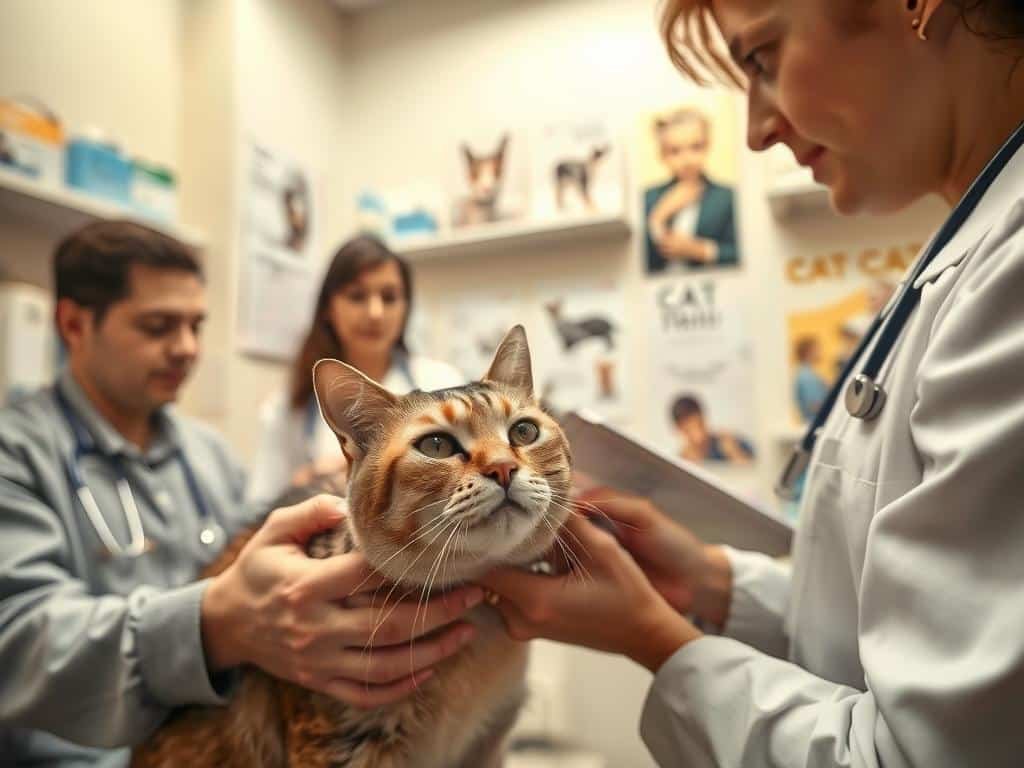 A veterinary clinic examination room, with a focus on a veterinarian examining a cat with an indolent ulcer, showcasing the diagnostic process. In the foreground, the veterinarian, dressed in professional attire, gently holding the cat with a calm demeanor, while examining its lip. In the middle, a veterinary assistant is observing closely with a clipboard, and various veterinary tools are visible. In the background, shelves filled with medical supplies and posters about cat health adorn the walls, illuminated by soft, warm lighting to create a reassuring atmosphere. The scene captures the essence of compassion and professional care, emphasizing the diagnosis of feline eosinophilic granuloma (EGC). A macro shot to highlight the details without any text overlays or distractions.