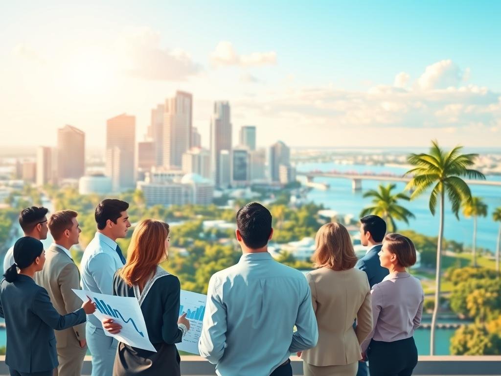A vibrant and detailed depiction of the Tampa Bay region, showcasing economic indicators and trends. In the foreground, include a diverse group of professionals in business attire discussing charts and graphs that depict rising and falling economic data. The middle ground features the iconic Tampa skyline with modern buildings reflecting sunlight, symbolizing growth. In the background, illustrate the Gulf Coast with serene waters and palm trees, representing the region's natural beauty and potential. Soft, natural lighting captures the early morning or late afternoon ambiance, optimizing for a clear, wide-angle view. The overall mood is optimistic and forward-looking, emphasizing economic vitality and the dynamic nature of the Tampa Bay and Gulf Coast regions.