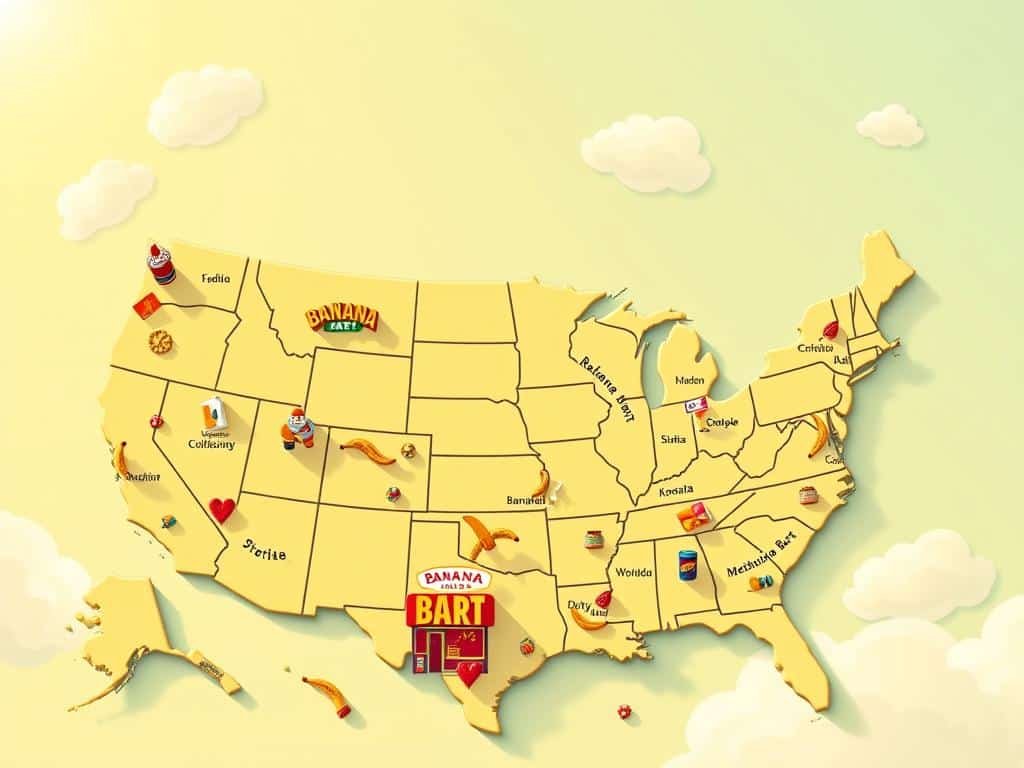 A vibrant and engaging top-down view of a map of the United States, highlighting the locations where Banana Bart's products can be found. In the foreground, create playful illustrations of Banana Bart's products, such as unique banana-themed merchandise and local stores showcasing these items. In the middle ground, display city markers and small icons representing various states, each showcasing a distinct color palette that reflects the eclectic nature of the brand. The background features a light, sunny sky, suggesting a cheerful atmosphere, with soft clouds drifting above. Use bright and warm lighting to convey a welcoming, fun vibe. The overall composition should be dynamic and inviting, capturing the essence of Banana Bart’s celebration of its 35-year milestone.