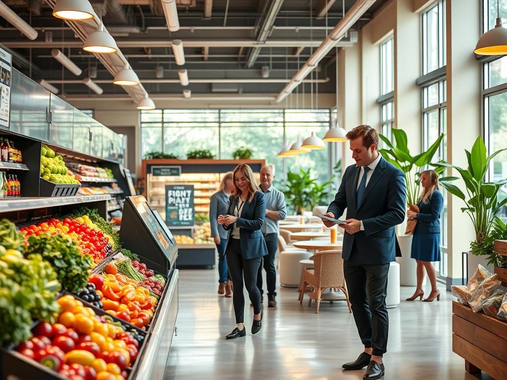 A vibrant and inviting grocery store interior showcasing modern features that enhance the shopping experience. In the foreground, a spacious, well-organized produce section with colorful fruits and vegetables, subtly illuminated by warm overhead lighting. In the middle ground, shoppers exploring interactive displays offering promotions and product information, with a few individuals in professional business attire examining items thoughtfully. The background features a bright café area with comfortable seating and lush indoor plants, creating a relaxed atmosphere. Soft natural light floods in through large windows, contributing to a welcoming environment. The overall mood is cheerful and engaging, emphasizing a seamless blend of functionality and comfort in the shopping space.