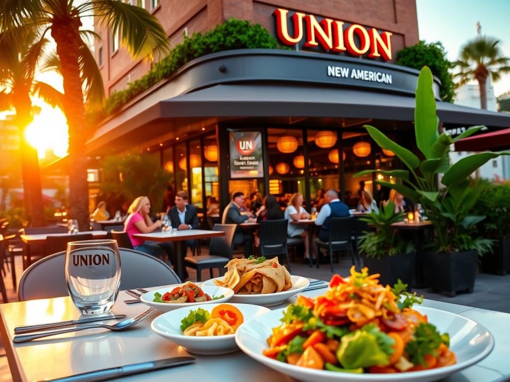A vibrant and inviting outdoor dining scene at Union New American, located in Tampa’s Westshore neighborhood. In the foreground, a neatly set table with elegant dinnerware, featuring colorful, fresh dishes typical of New American cuisine. In the middle ground, a stylish restaurant facade with large windows showcasing a bustling interior, filled with patrons enjoying their meals in a sophisticated yet relaxed atmosphere. Lush greenery and decorative lighting create a welcoming ambiance, while the warm glow of sunset casts a golden hue across the scene. The background features a hint of Tampa's skyline, symbolizing the urban setting. The mood is lively and inviting, perfect for capturing the essence of fresh dining experiences.