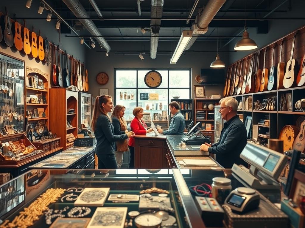 A vibrant and inviting pawn shop interior, showcasing a variety of pawn shop services. In the foreground, a well-organized display of valuable items such as jewelry, electronics, and collectibles gleam under warm lighting. Friendly staff members in professional attire help customers, creating an atmosphere of trust and community. The middle ground contains a counter with a cash register, where an engaging interaction between a customer and a staff member occurs. In the background, shelves lined with a diverse selection of items like guitars, tools, and antique furniture create a rich and bustling environment. Soft, natural light filters through large front windows, adding a welcoming glow. The overall mood is friendly, professional, and focused on customer satisfaction, highlighting the multifaceted services of a pawn shop.