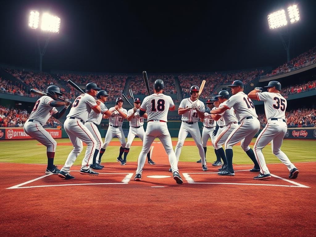 A vibrant baseball scene depicting a dynamic lineup at the plate during an intense game. In the foreground, a diverse group of players in professional baseball uniforms, showcasing distinct batting stances, rooted in teamwork and strategy. The middle ground features a well-maintained baseball field, with bases marked and a clear view of the pitcher's mound. In the background, a cheering crowd fills the stadium, under bright, focus lights creating an energetic atmosphere. Capture the moment just before a crucial pitch, emphasizing the players' concentration and determination. The composition should evoke excitement and unity, highlighting the essence of "Lineup Production and Offensive Identity" in baseball. Use a wide-angle lens to encompass the entire scene, ensuring the mood is thrilling and empowering. A vibrant baseball scene depicting a dynamic lineup at the plate during an intense game. In the foreground, a diverse group of players in professional baseball uniforms, showcasing distinct batting stances, rooted in teamwork and strategy. The middle ground features a well-maintained baseball field, with bases marked and a clear view of the pitcher's mound. In the background, a cheering crowd fills the stadium, under bright, focus lights creating an energetic atmosphere. Capture the moment just before a crucial pitch, emphasizing the players' concentration and determination. The composition should evoke excitement and unity, highlighting the essence of "Lineup Production and Offensive Identity" in baseball. Use a wide-angle lens to encompass the entire scene, ensuring the mood is thrilling and empowering.