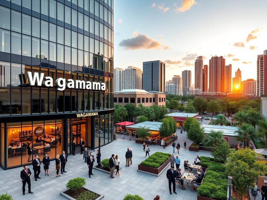 A vibrant business ecosystem in Tampa, showcasing the Wagamama headquarters. The foreground features a modern, glass-fronted Wagamama building, symbolizing innovation and growth. Nearby, business professionals in smart attire engage in discussions, representing collaboration and networking. In the middle ground, a bustling plaza filled with diverse shops and cafes reflects the lively economic atmosphere of Tampa, while greenery interspersed throughout enhances the appeal. The background reveals the city skyline with skyscrapers bathed in warm, golden sunset light, conveying optimism and progress. The scene is captured from a slightly elevated angle to provide depth while maintaining a clear focus on Wagamama's influence on the surrounding environment.