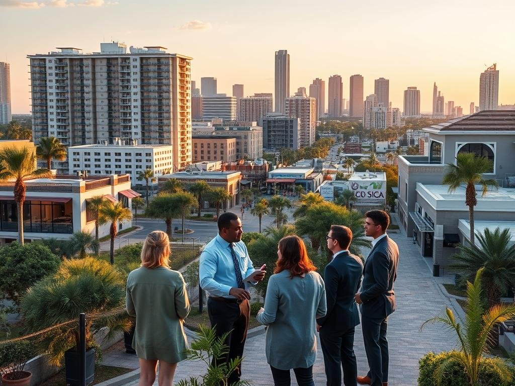 A vibrant cityscape of Tampa, showcasing modern real estate developments and a welcoming atmosphere, with a foreground featuring a diverse group of professionals in business attire discussing plans and exchanging ideas. Include elements like a local coffee shop and small businesses to emphasize community ties. The middle ground should depict newly constructed office spaces and residential buildings that reflect contemporary architecture, with greenery and palm trees integrated into the landscape. In the background, the iconic Tampa skyline glimmers under soft golden hour lighting, casting warm hues across the scene. Capture a sense of collaboration and connection, celebrating both business and community, using a wide-angle lens to create depth and inclusivity in the imagery.