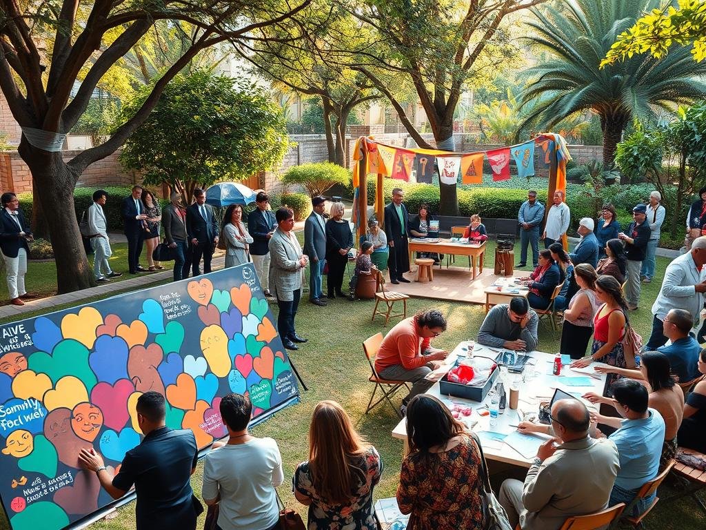 A vibrant community gathering in an outdoor setting, showcasing diverse individuals dressed in professional business attire and modest casual clothing, engaging in various artistic activities. In the foreground, a diverse group of people collaborates on a large mural, expressing emotions through colors and shapes. The middle layer features tables with art supplies and shared stories among attendees, while a cozy circle of chairs surrounds a small stage where a storyteller shares heartwarming tales. In the background, soft greenery and colorful banners create a welcoming atmosphere as sunlight filters through the trees, casting gentle shadows. The overall mood is one of unity, healing, and creativity, inviting connection and reflection in a serene environment. A vibrant community gathering in an outdoor setting, showcasing diverse individuals dressed in professional business attire and modest casual clothing, engaging in various artistic activities. In the foreground, a diverse group of people collaborates on a large mural, expressing emotions through colors and shapes. The middle layer features tables with art supplies and shared stories among attendees, while a cozy circle of chairs surrounds a small stage where a storyteller shares heartwarming tales. In the background, soft greenery and colorful banners create a welcoming atmosphere as sunlight filters through the trees, casting gentle shadows. The overall mood is one of unity, healing, and creativity, inviting connection and reflection in a serene environment.