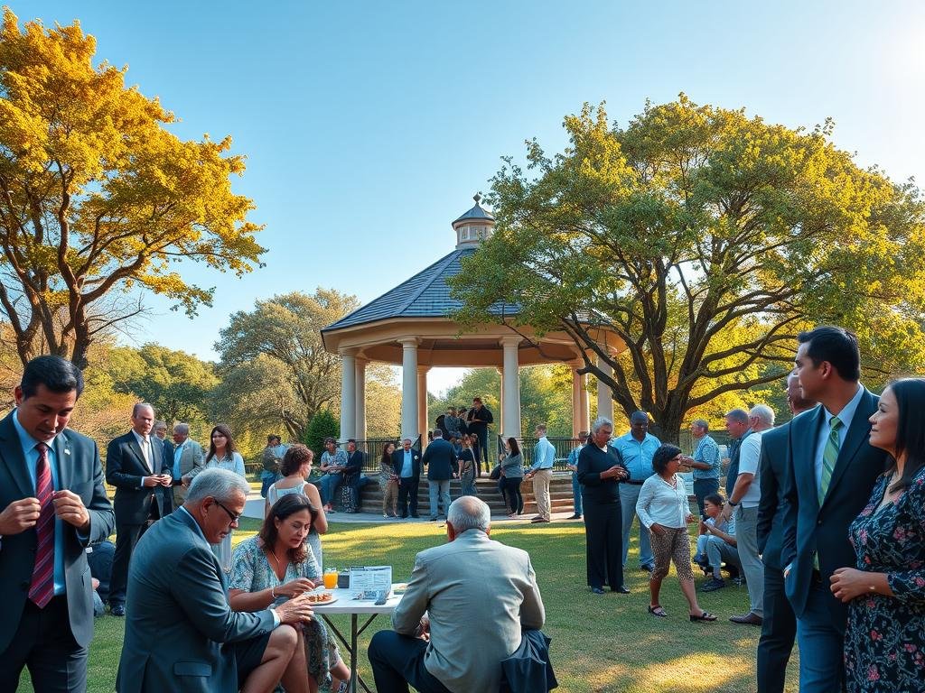 A vibrant community scene in Padgett Park, showcasing its rich history and impact. In the foreground, a diverse group of people of various ages and backgrounds engage in activities like picnicking, playing games, and conversing, all dressed in professional business attire and modest casual clothing. The middle ground features a historic gazebo and lush trees providing shade, symbolizing the park's welcoming atmosphere. In the background, a clear blue sky with gentle sunlight filters through the leaves, creating a warm, inviting glow. Capture the essence of community togetherness and the park's significance as a gathering place, with a slight focus on natural elements, emphasizing nostalgia and unity. Use a wide-angle lens to enhance depth and intimacy in the scene, imparting a sense of belonging and connection. A vibrant community scene in Padgett Park, showcasing its rich history and impact. In the foreground, a diverse group of people of various ages and backgrounds engage in activities like picnicking, playing games, and conversing, all dressed in professional business attire and modest casual clothing. The middle ground features a historic gazebo and lush trees providing shade, symbolizing the park's welcoming atmosphere. In the background, a clear blue sky with gentle sunlight filters through the leaves, creating a warm, inviting glow. Capture the essence of community togetherness and the park's significance as a gathering place, with a slight focus on natural elements, emphasizing nostalgia and unity. Use a wide-angle lens to enhance depth and intimacy in the scene, imparting a sense of belonging and connection.