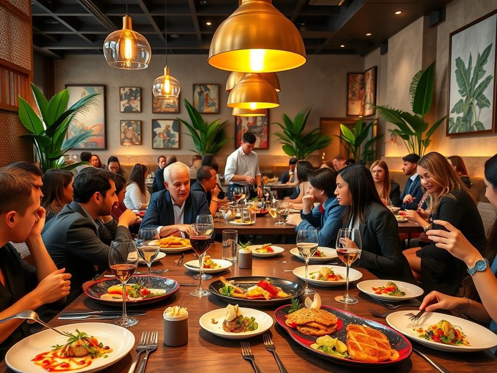 A vibrant dining scene showcasing a trendy Tampa restaurant, filled with patrons enjoying exquisite dishes crafted by a Michelin-starred chef. In the foreground, a beautifully arranged table featuring gourmet culinary creations, colorful plates, and elegant glassware, accompanied by diners in professional and stylish attire savoring their meals. In the middle ground, attentive waitstaff serve guests, with a warm ambiance illuminated by soft golden lighting from pendant lamps. In the background, tasteful decor featuring tropical plants and artistic wall hangings reflects the fusion of modern and local influences. The overall atmosphere is inviting, lively, and filled with culinary excitement, capturing the essence of Tampa's dining renaissance. Use a DSLR lens for a natural depth of field, focusing on the dining experience while maintaining a lively, tasteful backdrop.