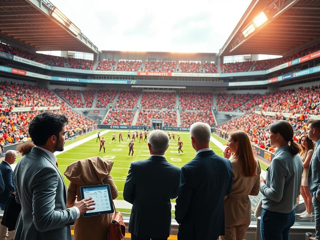 A vibrant, dynamic scene depicting the synergy of university sports programs, showcasing a modern stadium filled with enthusiastic fans. In the foreground, a diverse group of well-dressed professionals engage in conversation, representing the program's impact on roster and recruiting, with a digital tablet displaying player statistics. The middle ground features players in uniform practicing on the field, under the bright stadium lights, embodying the essence of teamwork and athleticism. In the background, the stadium's architecture towers majestically, with banners promoting community engagement and Nook Sports events. The atmosphere is energetic and inspiring, capturing the excitement of college sports and fostering a sense of unity. Use bright, warm lighting to enhance the lively mood, and employ a wide-angle lens to emphasize the scale and grandeur of the scene. A vibrant, dynamic scene depicting the synergy of university sports programs, showcasing a modern stadium filled with enthusiastic fans. In the foreground, a diverse group of well-dressed professionals engage in conversation, representing the program's impact on roster and recruiting, with a digital tablet displaying player statistics. The middle ground features players in uniform practicing on the field, under the bright stadium lights, embodying the essence of teamwork and athleticism. In the background, the stadium's architecture towers majestically, with banners promoting community engagement and Nook Sports events. The atmosphere is energetic and inspiring, capturing the excitement of college sports and fostering a sense of unity. Use bright, warm lighting to enhance the lively mood, and employ a wide-angle lens to emphasize the scale and grandeur of the scene.