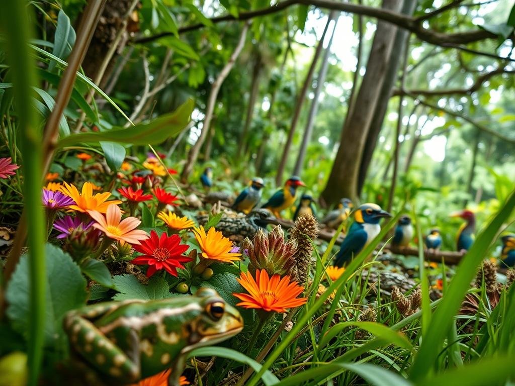 A vibrant ecosystem showcasing the ecological impacts of invasive Cuban tree frogs on native wildlife and soundscapes. In the foreground, a Cuban tree frog perched on a native plant, contrasting with a colorful array of indigenous flowers and grasses. The middle ground features a diverse group of native amphibians and birds, visibly distressed or silent, surrounded by lush vegetation. The background illustrates a blurred tropical forest scene with various trees, hinting at a disruption in the natural soundscape. Soft, diffused sunlight filters through the leaves, creating a serene yet tense atmosphere, capturing the delicate balance of nature. The angle is slightly low, elevating the viewer’s perspective and emphasizing the contrast between the invasive species and the struggling native wildlife. A vibrant ecosystem showcasing the ecological impacts of invasive Cuban tree frogs on native wildlife and soundscapes. In the foreground, a Cuban tree frog perched on a native plant, contrasting with a colorful array of indigenous flowers and grasses. The middle ground features a diverse group of native amphibians and birds, visibly distressed or silent, surrounded by lush vegetation. The background illustrates a blurred tropical forest scene with various trees, hinting at a disruption in the natural soundscape. Soft, diffused sunlight filters through the leaves, creating a serene yet tense atmosphere, capturing the delicate balance of nature. The angle is slightly low, elevating the viewer’s perspective and emphasizing the contrast between the invasive species and the struggling native wildlife.