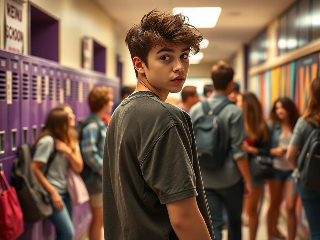 A vibrant high school hallway scene where a diverse group of students navigates the complex social hierarchies often depicted in coming-of-age stories. In the foreground, a young person wearing stylish, casual clothing with subtle gender-neutral elements looks over their shoulder, embodying the gender disguise trope with confidence. In the middle ground, cliques can be seen engaging in animated conversations, some in typical high school attire, fostering a sense of identity and belonging. In the background, brightly lit lockers and posters promoting school events set the school atmosphere. The lighting is warm, highlighting the interconnectedness of the students, while a focus on the protagonist captures their thoughtful expression. The overall mood evokes a blend of playful uncertainty and introspection, illustrating the complexities of identity and social dynamics. A vibrant high school hallway scene where a diverse group of students navigates the complex social hierarchies often depicted in coming-of-age stories. In the foreground, a young person wearing stylish, casual clothing with subtle gender-neutral elements looks over their shoulder, embodying the gender disguise trope with confidence. In the middle ground, cliques can be seen engaging in animated conversations, some in typical high school attire, fostering a sense of identity and belonging. In the background, brightly lit lockers and posters promoting school events set the school atmosphere. The lighting is warm, highlighting the interconnectedness of the students, while a focus on the protagonist captures their thoughtful expression. The overall mood evokes a blend of playful uncertainty and introspection, illustrating the complexities of identity and social dynamics.
