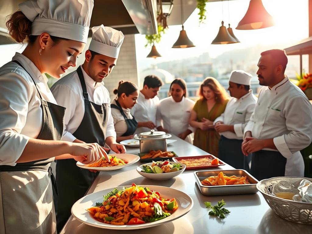 A vibrant kitchen scene showcasing a diverse culinary leadership team at work, emphasizing teamwork and creativity. In the foreground, a female chef in a crisp white chef's coat is plating a colorful Mexican dish, while a male sous-chef in a professional apron assists with precision. In the middle ground, a diverse group of chefs, including a South Asian woman and a Hispanic man, collaborate at a countertop, discussing recipes, with fresh ingredients and traditional Mexican decor around them. The background features the beautiful rooftop views of Oxford Exchange, with soft sunlight streaming in, creating a warm and inviting atmosphere. The scene is captured with a slightly elevated angle, using soft focus for depth, ensuring the team’s camaraderie and culinary passion are highlighted, with an overall mood of inspiration and professionalism. A vibrant kitchen scene showcasing a diverse culinary leadership team at work, emphasizing teamwork and creativity. In the foreground, a female chef in a crisp white chef's coat is plating a colorful Mexican dish, while a male sous-chef in a professional apron assists with precision. In the middle ground, a diverse group of chefs, including a South Asian woman and a Hispanic man, collaborate at a countertop, discussing recipes, with fresh ingredients and traditional Mexican decor around them. The background features the beautiful rooftop views of Oxford Exchange, with soft sunlight streaming in, creating a warm and inviting atmosphere. The scene is captured with a slightly elevated angle, using soft focus for depth, ensuring the team’s camaraderie and culinary passion are highlighted, with an overall mood of inspiration and professionalism.