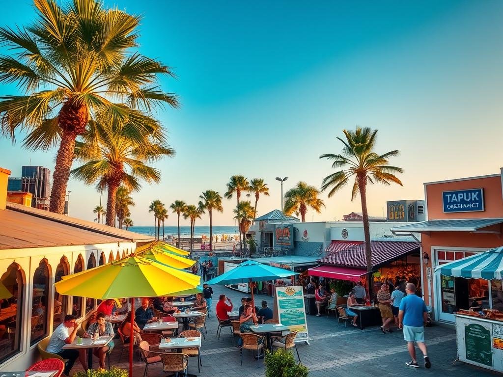 A vibrant local dining scene in Fort Walton Beach, showcasing a diverse array of restaurants. In the foreground, a charming seafood eatery with a welcoming outdoor patio, featuring colorful umbrellas and neatly arranged tables where travelers enjoy meals. In the middle ground, a mix of street food trucks and cozy cafes, with enticing menus displayed. The background highlights palm trees swaying gently against a clear blue sky, with hints of the beach. Soft, warm lighting creates an inviting atmosphere, suggesting a late afternoon golden hour. The image should capture the essence of a bustling culinary destination, inviting viewers to explore the flavors of the area.