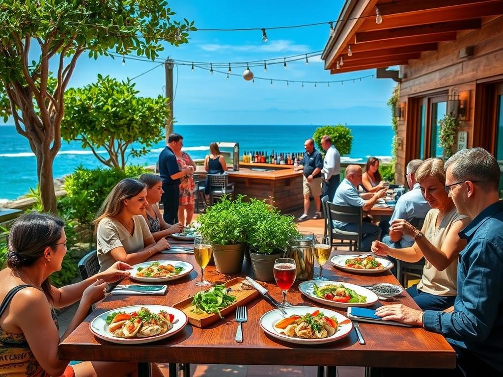 A vibrant outdoor dining scene at Boshamps, showcasing a beautiful wooden patio surrounded by lush greenery and coastal views. The foreground features diners enjoying fresh seafood dishes, with plates artfully arranged with locally sourced ingredients, such as seasonal vegetables and sustainable catches. Waitstaff in professional attire are actively serving and interacting with guests, conveying a warm, inviting atmosphere. In the middle ground, a rustic bar area boasts an array of colorful local beers and wines, while potted herbs add a touch of sustainability. In the background, blue skies meet the ocean, with gentle waves enhancing the relaxed, yet sophisticated vibe of the restaurant. Soft, golden lighting bathes the scene, evoking a welcoming, comfortable mood perfect for any season.