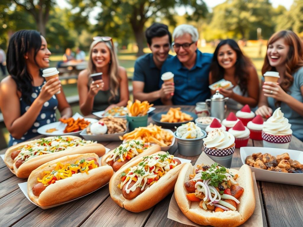 A vibrant outdoor food scene showcasing a delicious array of gourmet hot dogs topped with colorful condiments, side dishes like crispy fries and tangy coleslaw, and an enticing selection of sweet treats including cupcakes and ice cream cones. In the foreground, a beautifully arranged wooden table is laden with these culinary delights. The middle ground features a cheerful group of diverse individuals in casual, modest clothing enjoying the food together, laughing and sharing. The background reveals a sunny park setting with trees and distant picnic areas. Warm, natural lighting enhances the inviting atmosphere, and a slightly elevated angle captures the excitement and joy of outdoor dining. A vibrant outdoor food scene showcasing a delicious array of gourmet hot dogs topped with colorful condiments, side dishes like crispy fries and tangy coleslaw, and an enticing selection of sweet treats including cupcakes and ice cream cones. In the foreground, a beautifully arranged wooden table is laden with these culinary delights. The middle ground features a cheerful group of diverse individuals in casual, modest clothing enjoying the food together, laughing and sharing. The background reveals a sunny park setting with trees and distant picnic areas. Warm, natural lighting enhances the inviting atmosphere, and a slightly elevated angle captures the excitement and joy of outdoor dining.