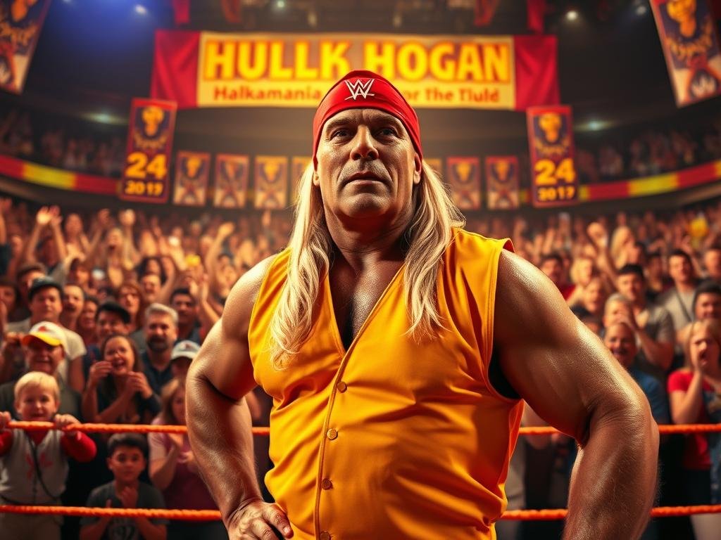 A vibrant scene capturing Hulk Hogan in a nostalgic moment that showcases his legacy and cultural impact. In the foreground, depict Hogan in a classic wrestling pose, wearing his signature red bandana and yellow Hulkamania attire, radiating charisma and strength. In the middle, include a cheering crowd that reflects diverse fans of various ages and backgrounds, illustrating Hogan's wide-reaching appeal. The background should feature a brightly lit wrestling ring adorned with colorful banners celebrating Hogan’s career milestones. Use dramatic lighting to highlight Hogan, casting soft shadows to give depth. The atmosphere should evoke a sense of excitement and nostalgia, inviting viewers to reflect on a legendary career that transcended wrestling into popular culture. Capture the scene from a low angle to enhance the sense of heroism and grandeur. A vibrant scene capturing Hulk Hogan in a nostalgic moment that showcases his legacy and cultural impact. In the foreground, depict Hogan in a classic wrestling pose, wearing his signature red bandana and yellow Hulkamania attire, radiating charisma and strength. In the middle, include a cheering crowd that reflects diverse fans of various ages and backgrounds, illustrating Hogan's wide-reaching appeal. The background should feature a brightly lit wrestling ring adorned with colorful banners celebrating Hogan’s career milestones. Use dramatic lighting to highlight Hogan, casting soft shadows to give depth. The atmosphere should evoke a sense of excitement and nostalgia, inviting viewers to reflect on a legendary career that transcended wrestling into popular culture. Capture the scene from a low angle to enhance the sense of heroism and grandeur.