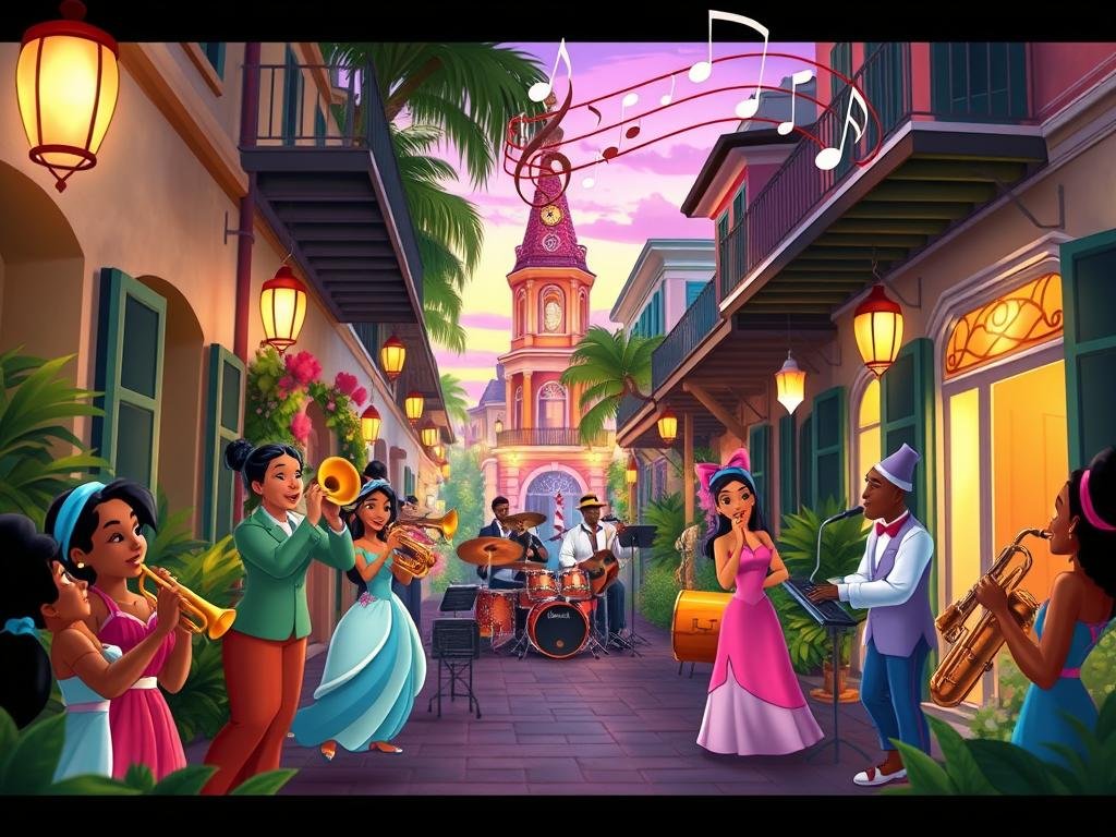 A vibrant scene capturing the essence of music and soundtracks inspired by Disney’s Tiana's New Orleans Adventure. In the foreground, a diverse group of animated characters joyfully playing musical instruments like trumpets, flutes, and drums, dressed in colorful costumes reflecting New Orleans culture. The middle ground features a lively jazz band performing in a quaint, lively street adorned with hanging lanterns and flowers. In the background, a beautifully stylized rendition of the iconic architecture of New Orleans with soft pastel colors, capturing twilight lighting that casts a warm, inviting glow. The atmosphere is energetic and festive, evoking the heart and soul of jazz music, with swirling musical notes floating in the air. A vibrant scene capturing the essence of music and soundtracks inspired by Disney’s Tiana's New Orleans Adventure. In the foreground, a diverse group of animated characters joyfully playing musical instruments like trumpets, flutes, and drums, dressed in colorful costumes reflecting New Orleans culture. The middle ground features a lively jazz band performing in a quaint, lively street adorned with hanging lanterns and flowers. In the background, a beautifully stylized rendition of the iconic architecture of New Orleans with soft pastel colors, capturing twilight lighting that casts a warm, inviting glow. The atmosphere is energetic and festive, evoking the heart and soul of jazz music, with swirling musical notes floating in the air.