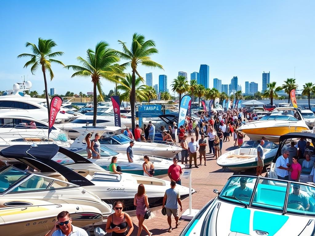 A vibrant scene capturing the excitement of the Tampa Boat Show set this weekend. In the foreground, various beautifully designed boats are displayed, showcasing sleek yachts and colorful speedboats glistening under bright sunlight. Enthusiastic visitors in stylish casual attire move about, admiring the boats and engaging with exhibitors. In the middle ground, booths with friendly staff offering information and brochures add to the lively atmosphere, while banners subtly hint at the weekend's events. The background features the picturesque Tampa skyline, enhancing the coastal vibe with palm trees swaying in a gentle breeze. The lighting is bright and cheerful, conveying a sense of celebration and adventure. The image is taken from a slightly elevated angle to capture the full scope of the show, creating a welcoming and engaging feel. A vibrant scene capturing the excitement of the Tampa Boat Show set this weekend. In the foreground, various beautifully designed boats are displayed, showcasing sleek yachts and colorful speedboats glistening under bright sunlight. Enthusiastic visitors in stylish casual attire move about, admiring the boats and engaging with exhibitors. In the middle ground, booths with friendly staff offering information and brochures add to the lively atmosphere, while banners subtly hint at the weekend's events. The background features the picturesque Tampa skyline, enhancing the coastal vibe with palm trees swaying in a gentle breeze. The lighting is bright and cheerful, conveying a sense of celebration and adventure. The image is taken from a slightly elevated angle to capture the full scope of the show, creating a welcoming and engaging feel.