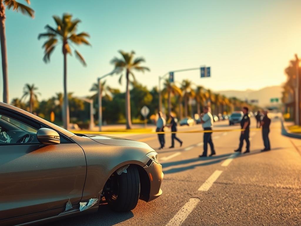 A vibrant scene depicting Bayshore Boulevard during the hours following a significant car crash. In the foreground, a sleek, modern vehicle positioned at an angle, slightly damaged, with shattered glass glinting in the warm afternoon sunlight. The middle ground features emergency responders in professional attire, examining the scene and assisting any bystanders, all portrayed with a sense of urgency and compassion. The background shows the picturesque landscape of Bayshore Boulevard, lined with lush palm trees and a clear blue sky, reflecting the serene yet tense atmosphere. Soft, natural lighting enhances the realism, while a shallow depth of field brings focus to the crash site, creating an evocative mood that captures the gravity of the situation. A vibrant scene depicting Bayshore Boulevard during the hours following a significant car crash. In the foreground, a sleek, modern vehicle positioned at an angle, slightly damaged, with shattered glass glinting in the warm afternoon sunlight. The middle ground features emergency responders in professional attire, examining the scene and assisting any bystanders, all portrayed with a sense of urgency and compassion. The background shows the picturesque landscape of Bayshore Boulevard, lined with lush palm trees and a clear blue sky, reflecting the serene yet tense atmosphere. Soft, natural lighting enhances the realism, while a shallow depth of field brings focus to the crash site, creating an evocative mood that captures the gravity of the situation.