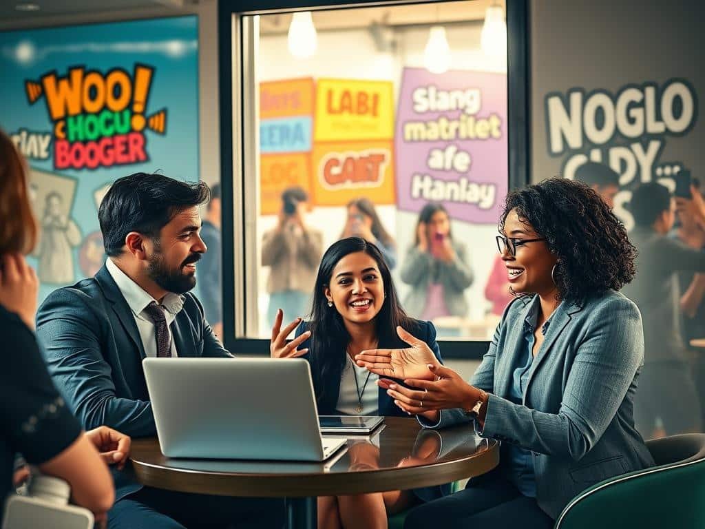 A vibrant scene depicting a diverse group of people engaged in discussing the term “Woolly Booger” in a modern café setting. In the foreground, three individuals—two men and a woman—are animatedly sharing stories, dressed in professional business attire. The woman is gesturing enthusiastically, with her laptop open, showcasing social media posts on the screen. In the middle ground, a window reveals passersby with smartphones, capturing moments and sharing content on social media. The background features colorful murals with slang terms and hashtags related to the discussion. Soft, natural lighting filters through the window, creating an inviting atmosphere. The overall mood is lively, engaging, and contemporary, embodying the fusion of language and community in today's world.