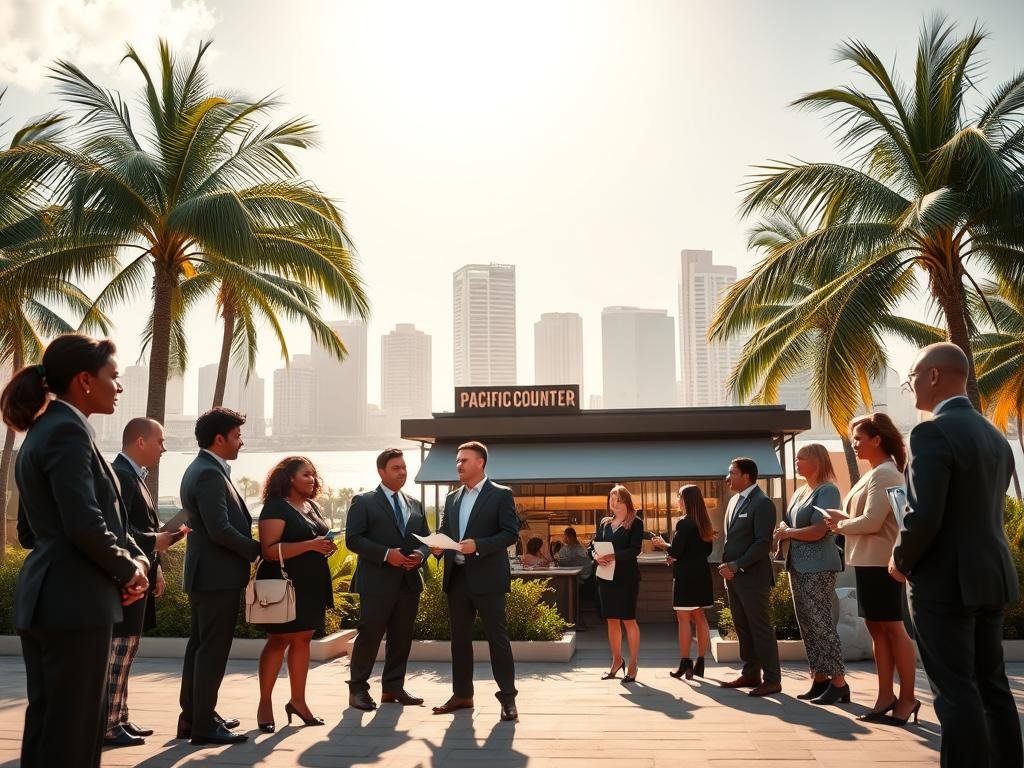 A vibrant scene depicting the concept of ‘Franchising and Expansion’ set in the Tampa Bay area. In the foreground, showcase a diverse group of business professionals in smart business attire, discussing plans. The middle ground features a modern café with an inviting exterior, representing the new Pacific Counter location, framed by greenery. In the background, highlight the beautiful Tampa Bay skyline under a bright, clear sky, with palm trees swaying gently. Soft afternoon sunlight bathes the scene, casting long shadows and creating a warm, welcoming atmosphere. Use a wide-angle perspective to capture the dynamic environment, emphasizing the idea of growth and opportunity in the bustling coastal city. A vibrant scene depicting the concept of ‘Franchising and Expansion’ set in the Tampa Bay area. In the foreground, showcase a diverse group of business professionals in smart business attire, discussing plans. The middle ground features a modern café with an inviting exterior, representing the new Pacific Counter location, framed by greenery. In the background, highlight the beautiful Tampa Bay skyline under a bright, clear sky, with palm trees swaying gently. Soft afternoon sunlight bathes the scene, casting long shadows and creating a warm, welcoming atmosphere. Use a wide-angle perspective to capture the dynamic environment, emphasizing the idea of growth and opportunity in the bustling coastal city.