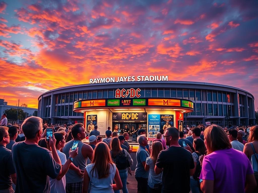 A vibrant scene depicting the energetic atmosphere surrounding ticket sales for a major concert at Raymond James Stadium. In the foreground, a diverse crowd of fans in casual clothing eagerly discussing tickets, some holding smartphones displaying ticket confirmation screens. The middle ground features a colorful ticket booth with enthusiastic staff helping customers, and posters of AC/DC, highlighting the excitement of the event. In the background, the iconic stadium is lit up with dynamic, warm lighting, under a sunset sky filled with rich oranges and purples, evoking a sense of anticipation. The perspective is slightly tilted for a lively effect, capturing the buzz and excitement of the local community eager for the performance. A vibrant scene depicting the energetic atmosphere surrounding ticket sales for a major concert at Raymond James Stadium. In the foreground, a diverse crowd of fans in casual clothing eagerly discussing tickets, some holding smartphones displaying ticket confirmation screens. The middle ground features a colorful ticket booth with enthusiastic staff helping customers, and posters of AC/DC, highlighting the excitement of the event. In the background, the iconic stadium is lit up with dynamic, warm lighting, under a sunset sky filled with rich oranges and purples, evoking a sense of anticipation. The perspective is slightly tilted for a lively effect, capturing the buzz and excitement of the local community eager for the performance.