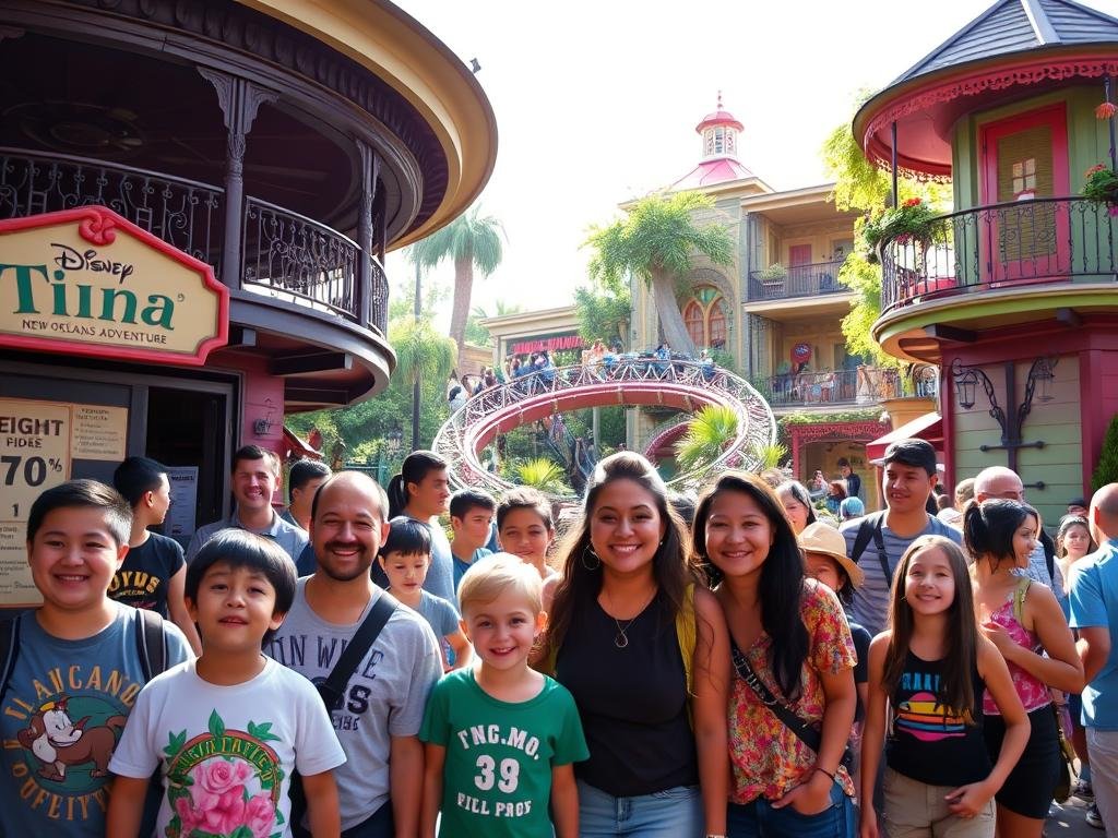 A vibrant scene depicting the thrill and excitement of a theme park ride, specifically highlighting “Tiana’s New Orleans Adventure”. In the foreground, a diverse group of families, in casual attire, looking excited and cheerful, is gathered near a ride boarding area featuring height requirement signs. In the middle ground, the ride itself spirals into a lush, animated bayou landscape with elements of New Orleans architecture, such as wrought iron balconies and vibrant colors. The background shows a bright, sunny sky, casting soft light over the scene, creating a joyful atmosphere. Consider a wide-angle view to capture the energy and accessibility features like ramps, enhancing the feeling of inclusivity, ensuring a sense of adventure and magic. A vibrant scene depicting the thrill and excitement of a theme park ride, specifically highlighting “Tiana’s New Orleans Adventure”. In the foreground, a diverse group of families, in casual attire, looking excited and cheerful, is gathered near a ride boarding area featuring height requirement signs. In the middle ground, the ride itself spirals into a lush, animated bayou landscape with elements of New Orleans architecture, such as wrought iron balconies and vibrant colors. The background shows a bright, sunny sky, casting soft light over the scene, creating a joyful atmosphere. Consider a wide-angle view to capture the energy and accessibility features like ramps, enhancing the feeling of inclusivity, ensuring a sense of adventure and magic.