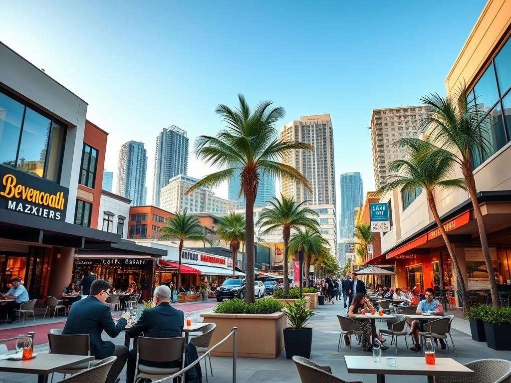 A vibrant scene depicting the urban landscapes of Downtown, Hyde Park, and Midtown in Tampa, filled with modern architecture and unique restaurant hot spots. In the foreground, a stylish outdoor dining setting with people in professional business attire enjoying their meals. In the middle ground, bustling streets lined with diverse eateries, cafes with vibrant storefronts, and palm trees swaying gently. The background showcases a skyline of sleek skyscrapers against a clear blue sky, bathed in warm, golden hour lighting that gives a lively atmosphere to the scene. A slight wide-angle lens captures the energy and vibrancy of the area, inviting viewers into the culinary experience of Tampa's best hotspots. The overall mood is inviting and energizing, reflecting the dynamic culture of the city's dining scene. A vibrant scene depicting the urban landscapes of Downtown, Hyde Park, and Midtown in Tampa, filled with modern architecture and unique restaurant hot spots. In the foreground, a stylish outdoor dining setting with people in professional business attire enjoying their meals. In the middle ground, bustling streets lined with diverse eateries, cafes with vibrant storefronts, and palm trees swaying gently. The background showcases a skyline of sleek skyscrapers against a clear blue sky, bathed in warm, golden hour lighting that gives a lively atmosphere to the scene. A slight wide-angle lens captures the energy and vibrancy of the area, inviting viewers into the culinary experience of Tampa's best hotspots. The overall mood is inviting and energizing, reflecting the dynamic culture of the city's dining scene.