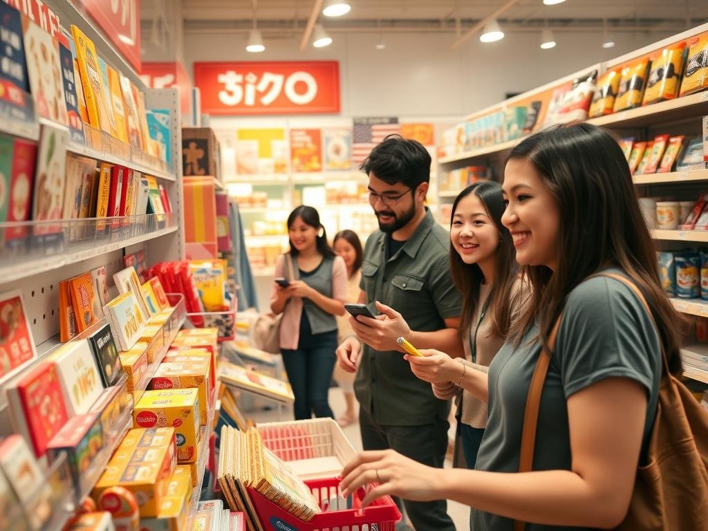 A vibrant scene inside a Daiso store in Tampa, showcasing the excitement of first-time shoppers exploring Japanese products. In the foreground, a friendly female shopper, dressed in casual attire, enthusiastically examines colorful items on a shelf filled with quirky Japanese stationery and home goods. The middle ground features diverse shoppers, including a couple and a family, all joyfully browsing unique items, their expressions reflecting curiosity and delight. In the background, bright and inviting store displays are filled with various decorative items, snacks, and kitchenware. Soft, warm lighting casts an inviting atmosphere, reminiscent of an inviting marketplace. Capture this lively moment from a slightly elevated angle to convey a sense of discovery and community in a welcoming space. A vibrant scene inside a Daiso store in Tampa, showcasing the excitement of first-time shoppers exploring Japanese products. In the foreground, a friendly female shopper, dressed in casual attire, enthusiastically examines colorful items on a shelf filled with quirky Japanese stationery and home goods. The middle ground features diverse shoppers, including a couple and a family, all joyfully browsing unique items, their expressions reflecting curiosity and delight. In the background, bright and inviting store displays are filled with various decorative items, snacks, and kitchenware. Soft, warm lighting casts an inviting atmosphere, reminiscent of an inviting marketplace. Capture this lively moment from a slightly elevated angle to convey a sense of discovery and community in a welcoming space.