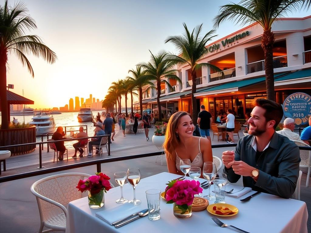 A vibrant scene of waterfront dining in Tampa Bay during golden hour, featuring a beautifully set outdoor table with elegant tableware, soft white linens, and colorful flower centerpieces. In the foreground, a couple dressed in casual yet stylish attire enjoys their meal while laughing, capturing the atmosphere of a leisurely dining experience. The middle ground showcases the bustling Riverwalk lined with palm trees and cheerful diners strolling along, with some seated at nearby restaurants overlooking the water. The background displays the tranquil bay reflecting the warm hues of the sunset, with picturesque boats gently bobbing in the water and a silhouette of the Tampa skyline softly illuminated against the colorful sky. The mood is warm and inviting, evoking a sense of relaxation and enjoyment. A vibrant scene of waterfront dining in Tampa Bay during golden hour, featuring a beautifully set outdoor table with elegant tableware, soft white linens, and colorful flower centerpieces. In the foreground, a couple dressed in casual yet stylish attire enjoys their meal while laughing, capturing the atmosphere of a leisurely dining experience. The middle ground showcases the bustling Riverwalk lined with palm trees and cheerful diners strolling along, with some seated at nearby restaurants overlooking the water. The background displays the tranquil bay reflecting the warm hues of the sunset, with picturesque boats gently bobbing in the water and a silhouette of the Tampa skyline softly illuminated against the colorful sky. The mood is warm and inviting, evoking a sense of relaxation and enjoyment.