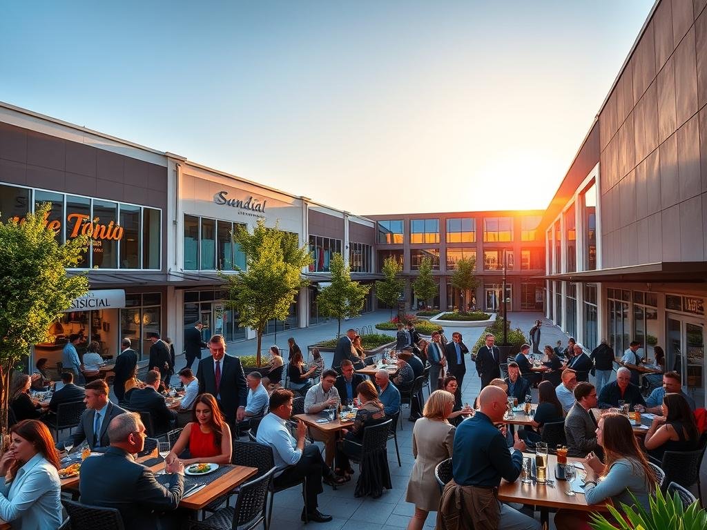 A vibrant scene showcasing the revitalization of Sundial, with a new mix of tenants. In the foreground, a stylish outdoor seating area filled with patrons enjoying food and drinks, all dressed in professional business attire and modest casual clothing. In the middle ground, a beautifully landscaped courtyard with modern storefronts featuring inviting glass facades, highlighting new restaurants and shops. The background includes a clear blue sky, with the sun setting, casting a warm golden light that enhances the inviting atmosphere. The angle is a slightly elevated view, capturing the lively interactions and the bustling environment, emphasizing a sense of community and new beginnings at Sundial.