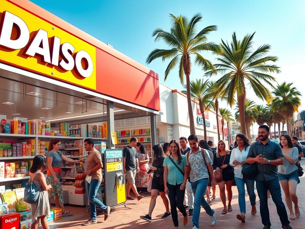 A vibrant street scene in Tampa showcasing the newly opened Daiso store, filled with colorful merchandise. In the foreground, a welcoming entrance with bright signage and a display of assorted products like household goods and stationery. In the middle ground, diverse shoppers, including a family and groups of friends, engaged and exploring the store's offerings, wearing casual but stylish clothing. The background features Tampa's iconic palm trees and a clear blue sky, reflecting a sunny day. The lighting is warm and inviting, casting soft shadows. Capture a sense of excitement and community, highlighting Tampa as a lively location for this unique retail experience. Use a wide-angle lens for a dynamic perspective. A vibrant street scene in Tampa showcasing the newly opened Daiso store, filled with colorful merchandise. In the foreground, a welcoming entrance with bright signage and a display of assorted products like household goods and stationery. In the middle ground, diverse shoppers, including a family and groups of friends, engaged and exploring the store's offerings, wearing casual but stylish clothing. The background features Tampa's iconic palm trees and a clear blue sky, reflecting a sunny day. The lighting is warm and inviting, casting soft shadows. Capture a sense of excitement and community, highlighting Tampa as a lively location for this unique retail experience. Use a wide-angle lens for a dynamic perspective.