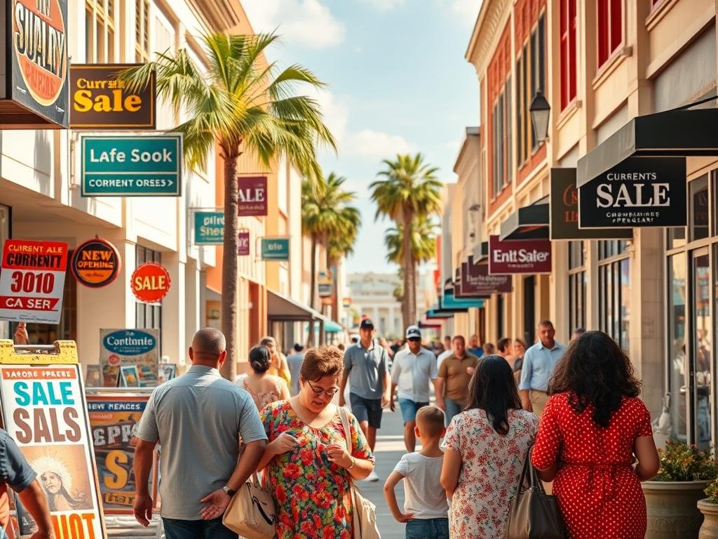A vibrant street scene of shopping in Milton, FL, featuring a bustling outdoor marketplace. In the foreground, a modestly dressed family is examining colorful sale signs and bargains displayed outside local shops. The middle ground showcases a variety of retail storefronts, some with "Current Deals" signage and cheerful window displays. In the background, the iconic architecture of Milton is visible, adding a sense of place. The scene is bathed in warm afternoon sunlight, creating a welcoming and lively atmosphere. Capture the energy and anticipation of shoppers exploring new openings, with a hint of palm trees swaying gently in the light breeze. Use a slightly elevated angle to encompass the entire shopping district while maintaining focus on the families engaging with the deals. A vibrant street scene of shopping in Milton, FL, featuring a bustling outdoor marketplace. In the foreground, a modestly dressed family is examining colorful sale signs and bargains displayed outside local shops. The middle ground showcases a variety of retail storefronts, some with "Current Deals" signage and cheerful window displays. In the background, the iconic architecture of Milton is visible, adding a sense of place. The scene is bathed in warm afternoon sunlight, creating a welcoming and lively atmosphere. Capture the energy and anticipation of shoppers exploring new openings, with a hint of palm trees swaying gently in the light breeze. Use a slightly elevated angle to encompass the entire shopping district while maintaining focus on the families engaging with the deals.