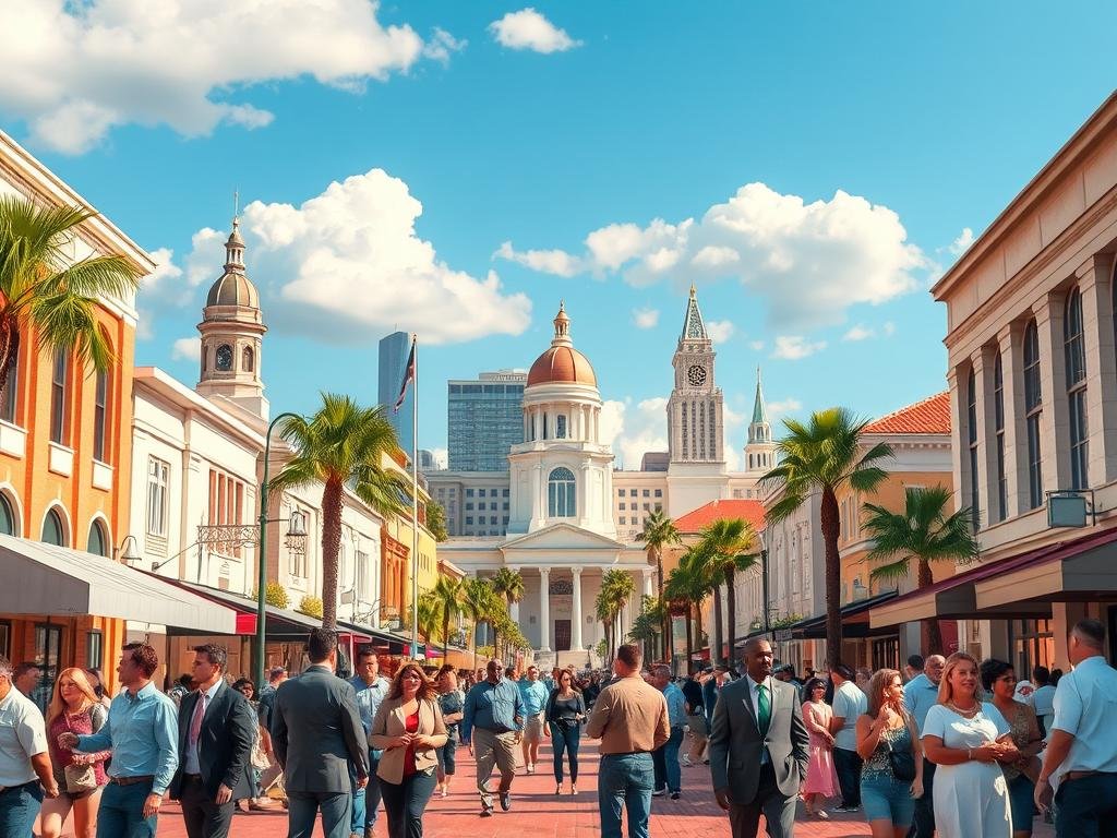 A vibrant street scene showcasing several right-leaning cities in Florida, emphasizing architectural styles and landscapes characteristic of conservative urban environments. In the foreground, a bustling marketplace features diverse individuals in professional business attire and modest casual clothing, engaging in friendly conversation. The middle ground contains recognizable city features like government buildings, historical landmarks, and palm trees, symbolizing the local culture. The background displays a sunny blue sky with a few fluffy clouds, casting warm, golden light across the scene, enhancing an inviting atmosphere. The angle should be slightly elevated, capturing a dynamic perspective that highlights the essence of community and civic pride. Aim for a cheerful and optimistic mood, reflecting the conservative values prevalent in these communities.