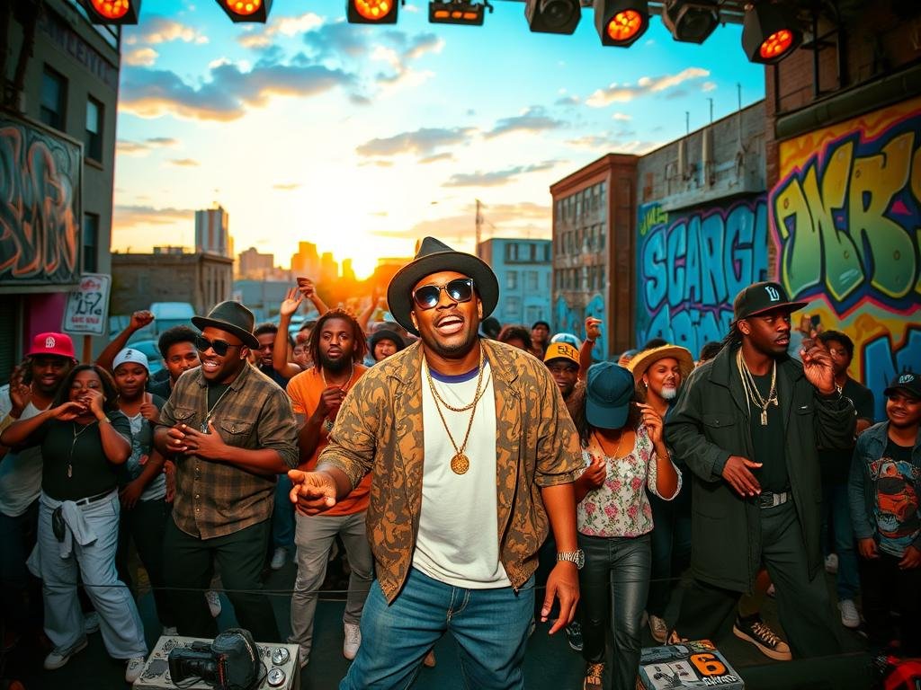 A vibrant urban scene depicting a live performance by Digital Underground in the late '80s, capturing the energy of hip hop's rise. In the foreground, a diverse group of musicians in stylish, modest casual attire passionately performing on stage, with Shock G in the spotlight, sporting his iconic hat and glasses. The middle ground showcases enthusiastic fans dancing, embodying the spirit of unity and celebration. The background illustrates a colorful cityscape at sunset, with graffiti art that pays homage to hip hop culture. Use warm, ambient lighting to create an inviting atmosphere, with a slightly wide-angle lens for a dynamic viewpoint, highlighting the excitement and cultural significance of this pivotal moment in music history. A vibrant urban scene depicting a live performance by Digital Underground in the late '80s, capturing the energy of hip hop's rise. In the foreground, a diverse group of musicians in stylish, modest casual attire passionately performing on stage, with Shock G in the spotlight, sporting his iconic hat and glasses. The middle ground showcases enthusiastic fans dancing, embodying the spirit of unity and celebration. The background illustrates a colorful cityscape at sunset, with graffiti art that pays homage to hip hop culture. Use warm, ambient lighting to create an inviting atmosphere, with a slightly wide-angle lens for a dynamic viewpoint, highlighting the excitement and cultural significance of this pivotal moment in music history.