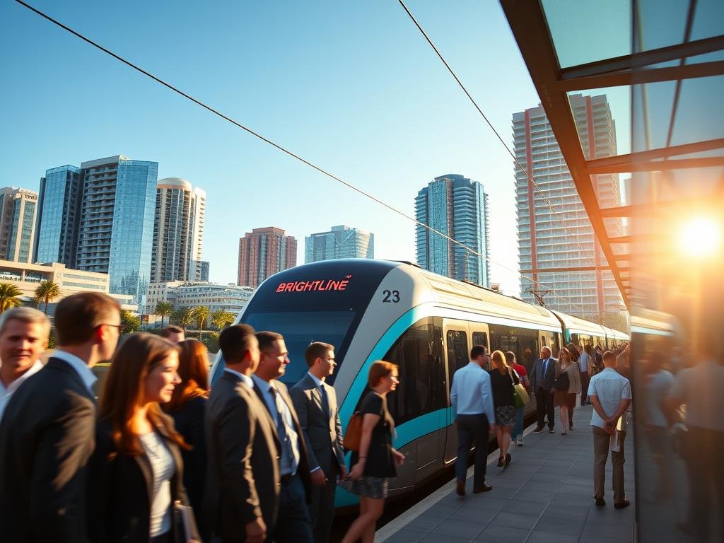 A vibrant, urban scene showcasing a bustling train station in Tampa with a Brightline train ready to depart. In the foreground, a diverse group of professionally dressed commuters eagerly awaits, showcasing excitement and anticipation. The middle ground features the sleek design of the Brightline train against the backdrop of modern architecture typical of Tampa’s skyline. In the background, clear blue skies with the warm glow of the sun set the atmosphere; the lighting highlights a sense of optimism and growth. A subtle sense of motion is captured, suggesting the rising momentum of rail ridership, with blurred details of passengers boarding. The overall mood is energetic and forward-looking, embodying the importance of increasing connectivity and public transport usage in the area. A vibrant, urban scene showcasing a bustling train station in Tampa with a Brightline train ready to depart. In the foreground, a diverse group of professionally dressed commuters eagerly awaits, showcasing excitement and anticipation. The middle ground features the sleek design of the Brightline train against the backdrop of modern architecture typical of Tampa’s skyline. In the background, clear blue skies with the warm glow of the sun set the atmosphere; the lighting highlights a sense of optimism and growth. A subtle sense of motion is captured, suggesting the rising momentum of rail ridership, with blurred details of passengers boarding. The overall mood is energetic and forward-looking, embodying the importance of increasing connectivity and public transport usage in the area.