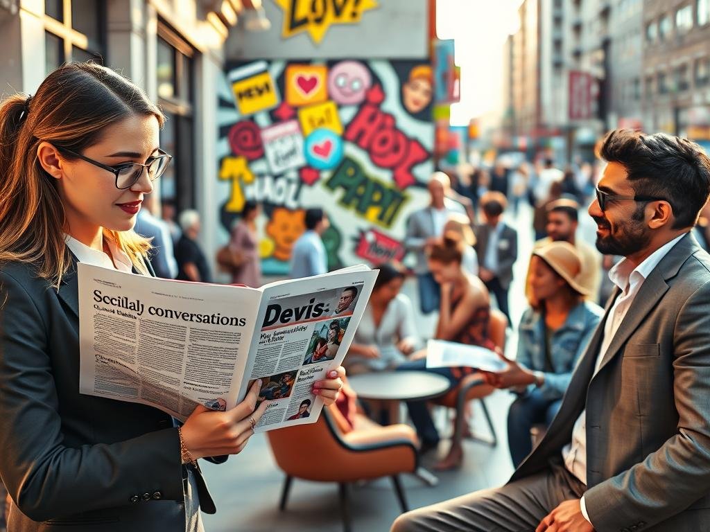 A vibrant urban scene showcasing a diverse group of people engaging with media, design, and pop culture. In the foreground, a young woman in professional attire reads a magazine featuring an article on societal conversations, reflecting thoughtful expression. Beside her, a man in casual but smart clothing is animatedly discussing the same topic with friends. In the middle ground, a colorful mural depicting iconic pop culture symbols captures attention, surrounded by contemporary furniture and creative design elements. The background features a bustling city street, with people interacting and engaging in conversations. The lighting is warm and inviting, simulating late afternoon sunlight that enhances the lively atmosphere, creating a sense of community and discourse around modern social themes. The image should convey a relatable and thoughtful vibe, inviting viewers into the discussion.