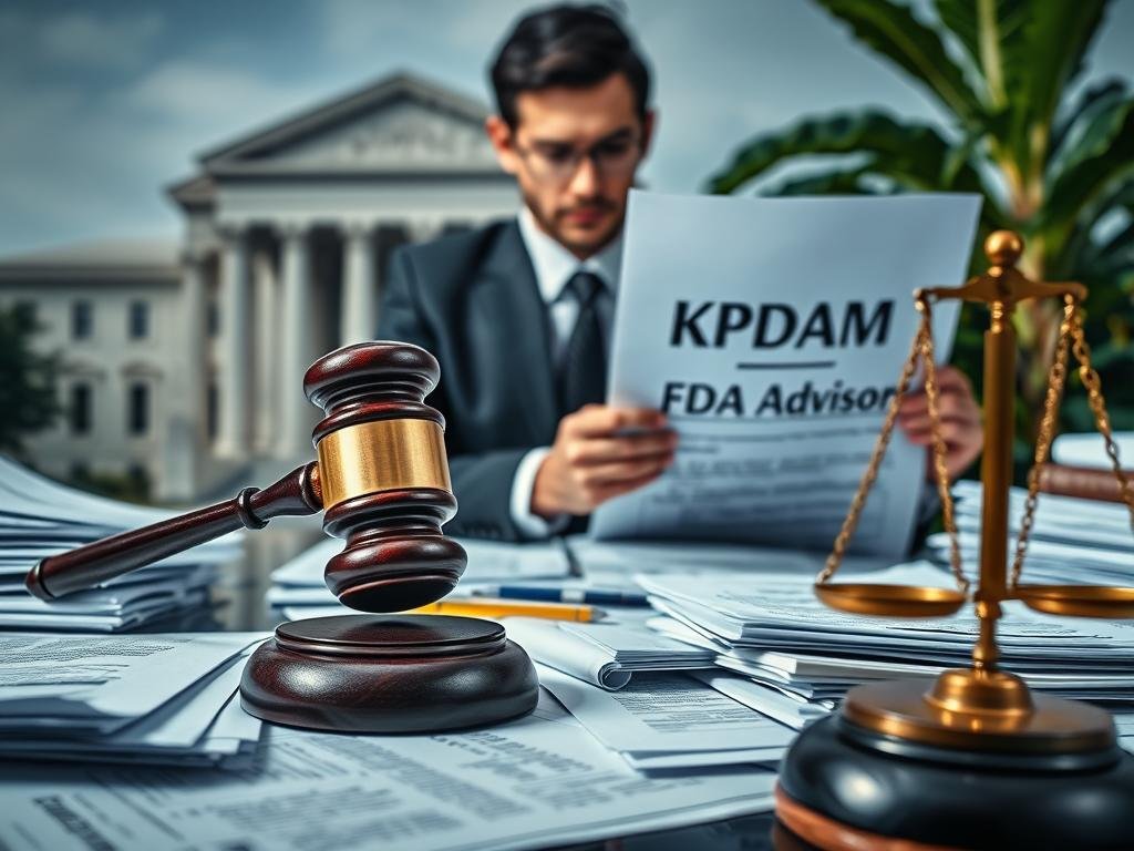 A visually striking composition representing the legal and regulatory status of kratom products. In the foreground, a well-organized desk cluttered with legal documents, including a gavel and a scale of justice, symbolizing the legal implications surrounding kratom. In the middle ground, a professional-looking person in business attire reviews a document labeled "FDA Advisory," exhibiting a focused expression. The background features a blurred image of a courthouse building and a kratom plant, illustrating the contrast between nature and the regulatory environment. Soft, dramatic lighting casts shadows, enhancing the contemplative mood. The lens perspective is slightly tilted, invoking a sense of urgency and importance about compliance and legality.