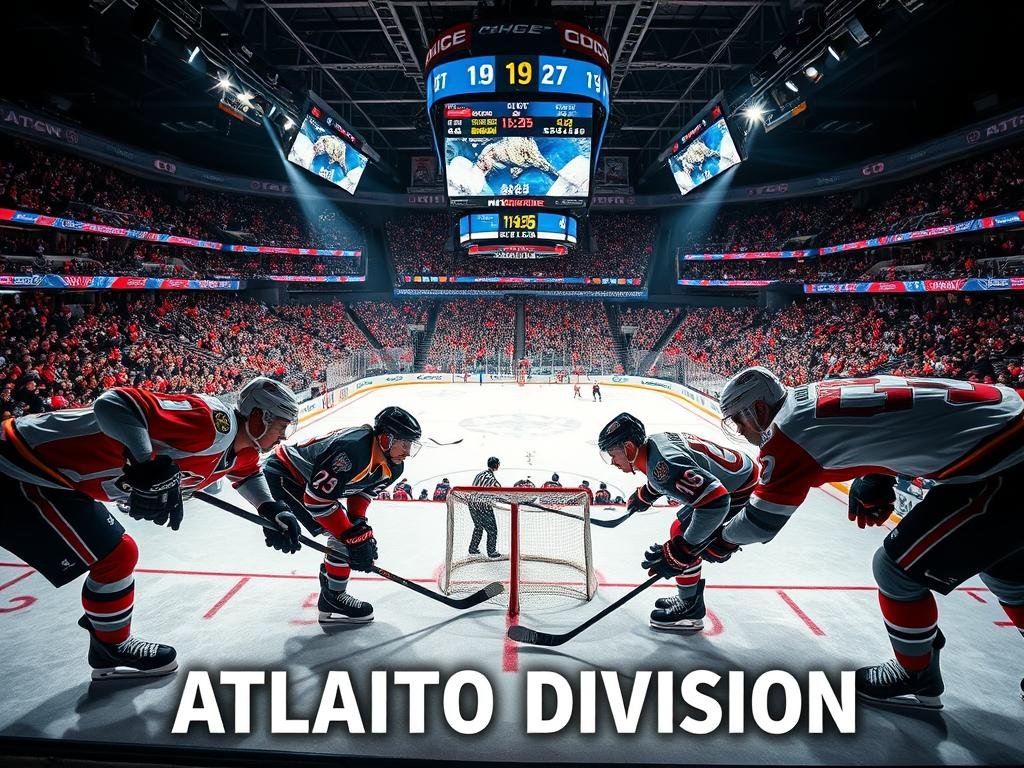 A visually striking depiction of the Atlantic Division in hockey, featuring an arena scene alive with energy. In the foreground, focus on a dynamic group of four players in professional hockey gear, representing Crozier, Hedman, Point, and Hagel, showcasing intense determination as they prepare for a face-off. In the middle ground, a packed arena draped in team colors, with fans cheering passionately, holding up banners in support. The background reveals large video screens displaying scores and stats, with bright arena lights illuminating the players and creating dramatic shadows. Shot from a low angle to emphasize the action, with a wide lens to capture the full scope of the excitement. The atmosphere is charged, conveying the significance of this intense matchup within the Atlantic Division. A visually striking depiction of the Atlantic Division in hockey, featuring an arena scene alive with energy. In the foreground, focus on a dynamic group of four players in professional hockey gear, representing Crozier, Hedman, Point, and Hagel, showcasing intense determination as they prepare for a face-off. In the middle ground, a packed arena draped in team colors, with fans cheering passionately, holding up banners in support. The background reveals large video screens displaying scores and stats, with bright arena lights illuminating the players and creating dramatic shadows. Shot from a low angle to emphasize the action, with a wide lens to capture the full scope of the excitement. The atmosphere is charged, conveying the significance of this intense matchup within the Atlantic Division.