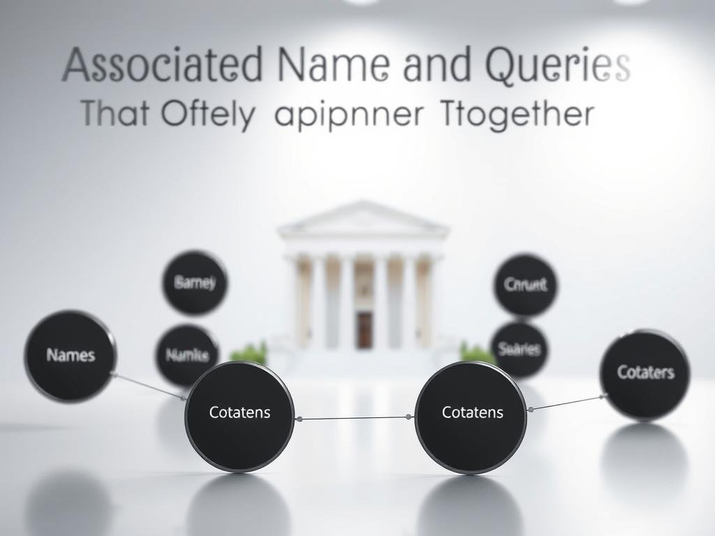 A visually striking infographic representing the concept of "Associated Names and Queries That Often Appear Together." In the foreground, elegant circles connected by subtle lines display names and queries, set against a sleek background of soft gradients in neutral tones. The middle layer features a blurred, out-of-focus image of a courthouse, symbolizing the context of legal matters. The background is a gradient transitioning from light blue to white, providing a calm and professional atmosphere. Soft, diffused lighting illuminates the composition, casting gentle shadows that add depth. The overall mood is analytical and serious, capturing a sense of inquiry and connection without any text or people, emphasizing the nature of data visualization in a clean and modern style. A visually striking infographic representing the concept of "Associated Names and Queries That Often Appear Together." In the foreground, elegant circles connected by subtle lines display names and queries, set against a sleek background of soft gradients in neutral tones. The middle layer features a blurred, out-of-focus image of a courthouse, symbolizing the context of legal matters. The background is a gradient transitioning from light blue to white, providing a calm and professional atmosphere. Soft, diffused lighting illuminates the composition, casting gentle shadows that add depth. The overall mood is analytical and serious, capturing a sense of inquiry and connection without any text or people, emphasizing the nature of data visualization in a clean and modern style.