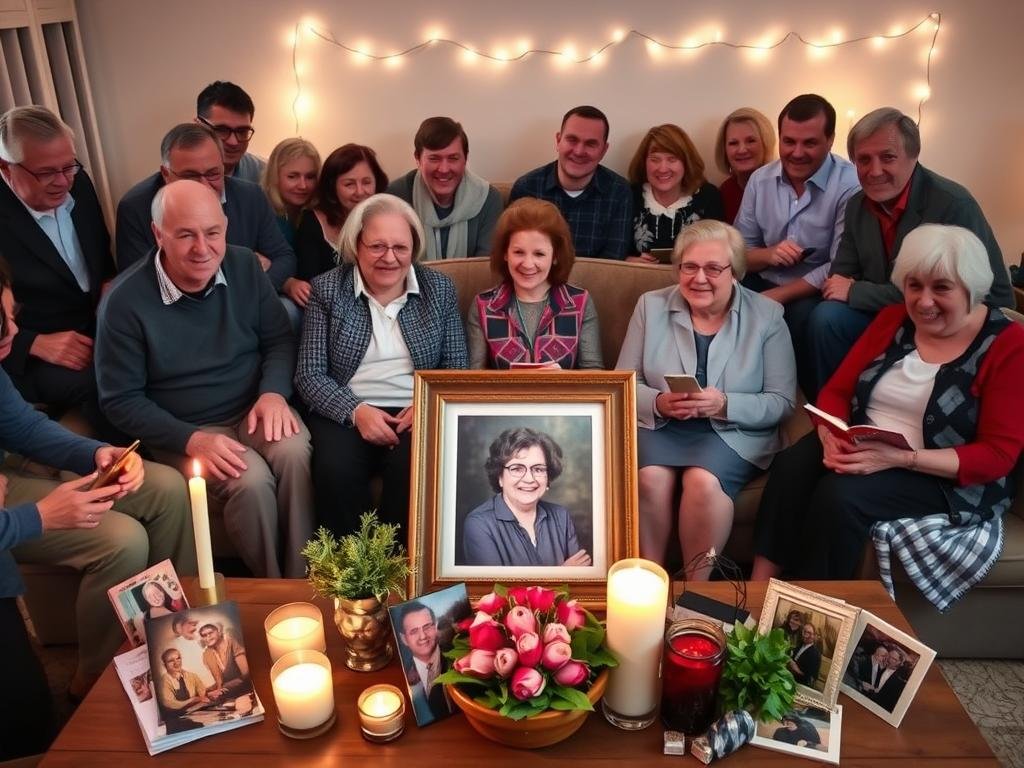 A warm, heartfelt scene of a diverse group of family and friends gathered in a cozy living room, celebrating the life of Marie Carlson. In the foreground, a table adorned with photographs and candles showcases cherished memories, while a beautifully framed photo of Marie takes center stage. In the middle, smiling faces of men and women of various ages and backgrounds share stories, some seated and others standing, all dressed in smart casual attire. The background features soft, ambient lighting, with fairy lights twinkling, creating an inviting and nostalgic atmosphere. The scene is captured from a slightly elevated angle to encompass the warmth of the gathering, emphasizing connection and joy in memory-sharing. A warm, heartfelt scene of a diverse group of family and friends gathered in a cozy living room, celebrating the life of Marie Carlson. In the foreground, a table adorned with photographs and candles showcases cherished memories, while a beautifully framed photo of Marie takes center stage. In the middle, smiling faces of men and women of various ages and backgrounds share stories, some seated and others standing, all dressed in smart casual attire. The background features soft, ambient lighting, with fairy lights twinkling, creating an inviting and nostalgic atmosphere. The scene is captured from a slightly elevated angle to encompass the warmth of the gathering, emphasizing connection and joy in memory-sharing.